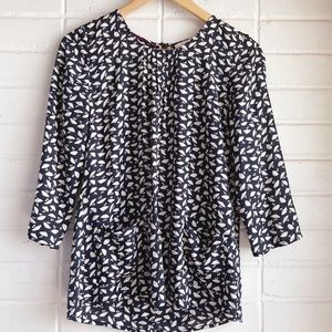 Boden Black Umbrella Print Pleated Pocket Blouse